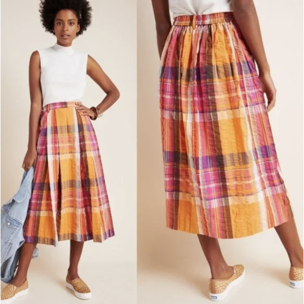 Anthropologie Maeve Pipa Pleated Plaid Midi Skirt Orange Multicolor Size Medium